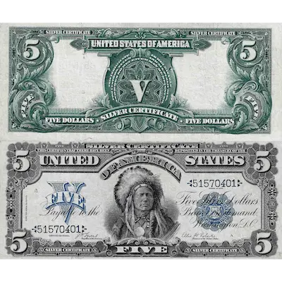 The 5$ Silver Certificate Chief Note.Both sides being displayed.