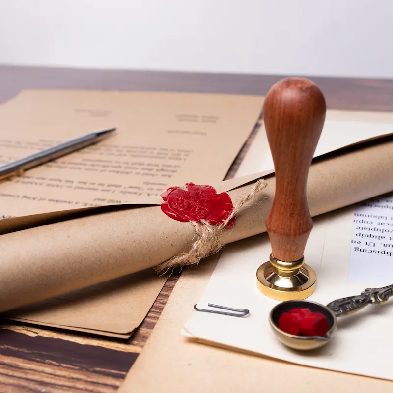 Contracts, wax seals and a pen on top of a wooden desk