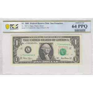 $1 2001 Green seal. Small Size $1 Federal Reserve Notes 1927-L