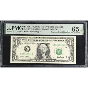 $1 2001 Green seal. Small Size $1 Federal Reserve Notes 1927-G
