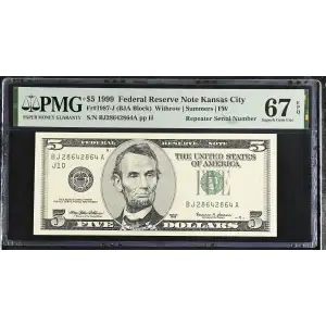 $5 1999  Small Size $5 Federal Reserve Notes 1987-J
