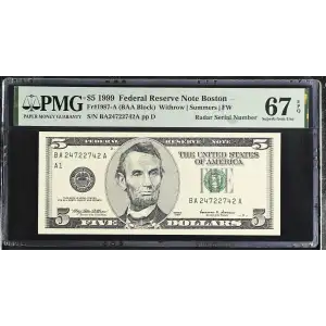 $5 1999  Small Size $5 Federal Reserve Notes 1987-A